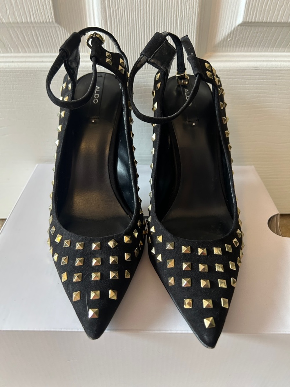 Aldo Black Pointed-Toe Ankle-Strap Heels with Gold Studs